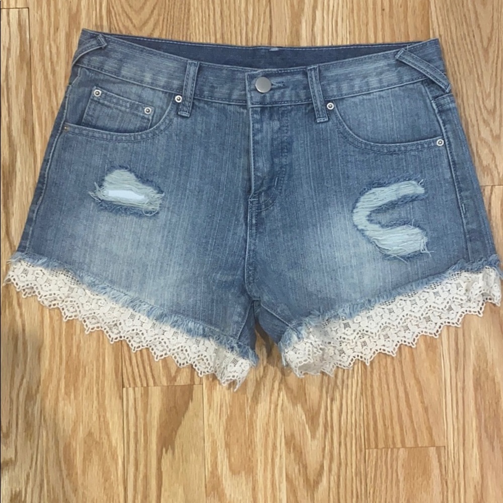 Lace bottom distressed shorts